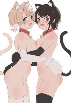 Rule 34 | 2girls, absurdres, animal collar, animal ear fluff, animal ears, animal hands, areola slip, bell, black thighhighs, blue eyes, blush, breast press, breasts, brown hair, cat ears, cat tail, collar, commentary request, elbow gloves, from side, gloves, green eyes, hair ornament, highres, hololive, hug, indie virtual youtuber, looking at viewer, medium breasts, mole, mole on breast, multiple girls, neck bell, nipples, norigure18, oozora subaru, open mouth, paw gloves, pom pom (clothes), pom pom hair ornament, shigure ui (vtuber), short hair, simple background, standing, sweat, sweatdrop, symmetrical docking, tail, thighhighs, virtual youtuber, wavy hair, white background, white thighhighs
