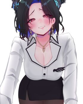 1girl absurdres bent_over black_hair black_horns black_skirt blue_hair blush breasts cleavage commentary cowboy_shot earrings english_commentary highres hololive hololive_english horns hoshiiii_art jewelry mole mole_under_eye multicolored_hair nerissa_ravencroft nerissa_ravencroft_(casual) pendant purple_eyes shirt simple_background skirt solo two-tone_hair virtual_youtuber white_background white_shirt