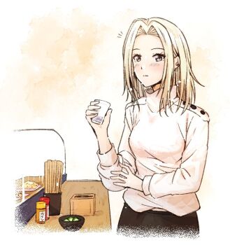 1girl blonde_hair blush breasts chloe_taylor closed_mouth commentary_request cup curtained_hair drinking_glass expressionless grey_eyes looking_at_viewer love_live! love_live!_nijigasaki_high_school_idol_club love_live!_nijigasaki_high_school_idol_club_the_movie_-_finale mature_female medium_breasts notice_lines orange_background solo sweater three-quarter_sleeves turtleneck turtleneck_sweater typeakiha73 white_sweater