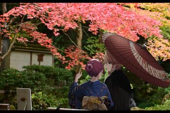 Rule 34 | 2girls, alternate hairstyle, black kimono, blue kimono, braid, braided sidelock, brown eyes, brown hair, cherry blossoms, commentary request, floral print, furisode, hair bun, hair ornament, hair stick, hand up, holding, japanese clothes, jouhou, kimono, konohana suzuka, letterboxed, long sleeves, looking at another, multiple girls, obi, oil-paper umbrella, outdoors, parted lips, petals, photo background, sash, shidou maki (toji no miko), short hair, toji no miko, tree, umbrella, wide sleeves, yuri
