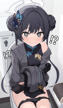 !? 1girl @_@ absurdres black_dress black_gloves black_hair black_panties blue_archive bow bow_panties braid bun_with_braided_base butterfly_hair_ornament china_dress chinese_clothes closed_mouth coat commentary_request double_bun dress embarrassed gloves grey_coat grey_eyes grey_halo hair_bun hair_ornament halo highres kisaki_(blue_archive) long_hair long_sleeves looking_at_viewer on_toilet paid_reward_available panties panty_pull revision shijima_(shijima_tc) sitting solo tearing_up tears toilet toilet_use twintails underwear wavy_mouth