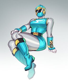 1girl absurdres arm_support belt black_belt blue_dress blue_wind_ranger bodysuit boots breasts colored_skin commentary covered_face crossed_legs drakkaiart dress english_commentary full_body gloves gradient_background grey_background grey_bodysuit grey_skin hand_on_own_knee helmet highres hurricane_blue invisible_chair knee_boots medium_breasts power_rangers power_rangers_ninja_storm short_dress simple_background sitting sleeveless sleeveless_dress solo superhero_costume thick_thighs thighs tokusatsu white_gloves