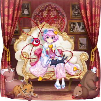 1girl aged_down alternate_costume animal_print bird_print blue_kimono camera cat_print child closed_mouth couch curtains eyeball floral_print flower furisode game_cg gradient_clothes gradient_kimono hair_flower hair_ornament heart heart_hair_ornament highres japanese_clothes kaenbyou_rin kaenbyou_rin_(cat) kaenbyou_rin_(the_tiny_queen's_nursemaid) kanzashi kimono komeiji_satori komeiji_satori_(tiny_underworld_queen) long_sleeves looking_at_viewer obi official_art on_couch painting_(object) picture_frame pink_eyes pink_hair pink_kimono print_kimono reiuji_utsuho reiuji_utsuho_(the_tiny_queen's_charcoal_maker) rotte_(1109) sandals sash short_hair sitting socks solo stuffed_animal stuffed_elephant stuffed_horse stuffed_tiger stuffed_toy third-party_source third_eye touhou touhou_lostword transparent_background tsumami_kanzashi white_socks wide_sleeves