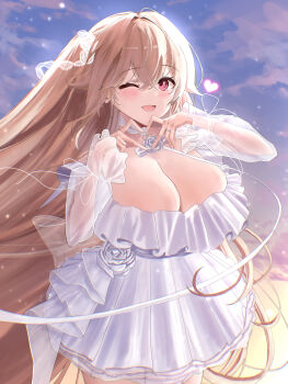 00zanpan00 1girl absurdres anchorage_(azur_lane) anchorage_(oath_of_sunsets_and_fireworks)_(azur_lane) azur_lane bare_shoulders blush breasts bride brown_hair cleavage cloud commentary cowboy_shot crossed_bangs day dress earrings flower hair_between_eyes hair_ornament heart heart_hands highres huge_breasts jewelry lace_bow large_breasts light_particles long_hair long_sleeves looking_at_viewer off-shoulder_dress off_shoulder official_alternate_costume one_eye_closed open_mouth outdoors red_eyes ring rose see-through_clothes see-through_dress see-through_sleeves sky smile solo sparkle very_long_hair wedding_dress wedding_ring white_dress white_flower white_rose