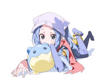 1girl 5oh5s2 absurdres akari_(pokemon) biting biting_ear black_hair black_sash blush closed_mouth fangs galaxy_expedition_team_survey_corps_uniform gen_3_pokemon grey_eyes headscarf highres jacket long_hair lying nintendo on_stomach pantyhose pokemon pokemon_(creature) pokemon_legends:_arceus red_scarf sash scarf seal_(animal) shirt sidelocks simple_background smile spheal sphere_body white_background white_headscarf