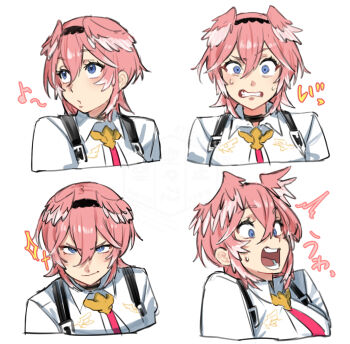 1girl blue_eyes blush hair_between_eyes hairband head_wings hololive karakr_shin looking_at_viewer multiple_expressions necktie pink_hair shirt short_hair solo takane_lui takane_lui_(1st_costume) virtual_youtuber white_background white_shirt wings