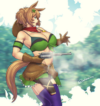 1girl absurdres animal_ears armband bandana bandana_around_neck bandeau bare_shoulders blue_eyes breasts brown_gloves brown_hair cleavage collarbone colt_single_action_army commentary cowboy_hat english_commentary erkaz firing gloves green_armband green_bandeau green_skirt gun hair_ornament handgun hat hat_on_back highres holding holding_gun holding_weapon horse_ears horse_girl horse_tail huge_breasts large_breasts long_hair midriff ponytail purple_thighhighs red_bandana revolver sheriff_badge skirt solo star_(symbol) star_hair_ornament taiki_shuttle_(umamusume) taiki_shuttle_(wild_frontier)_(umamusume) tail thighhighs umamusume weapon