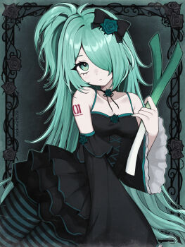 1girl alternate_costume aqua_background aqua_eyes aqua_flower aqua_hair arm_tattoo bare_shoulders black_bow black_dress black_flower border bow choker closed_mouth collarbone commentary_request dress flower flower_choker food frilled_dress frilled_sleeves frills gothic_lolita hair_over_one_eye hatsune_miku highres holding holding_food holding_spring_onion holding_vegetable lolita_fashion looking_at_viewer ponytail spring_onion striped_clothes striped_thighhighs tattoo thighhighs vegetable vickie_(cryingrobot) vocaloid wide_sleeves