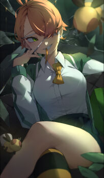 1girl absurdres antenna_hair asymmetrical_bangs bee black_skirt black_thighhighs boku_no_hero_academia bow bowtie breasts bug collared_shirt commentary crossed_legs dress_shirt earrings english_commentary eyepatch feet_out_of_frame glass_shards green_eyes green_jacket grin hachisuka_kuin hair_over_one_eye hand_up highres honey insect jacket jewelry light_particles long_sleeves loose_bowtie lying medical_eyepatch medium_breasts miniskirt mouth_hold on_back orange_hair parted_bangs pleated_skirt ribbon ribbon_in_mouth sharp_teeth shirt shirt_tucked_in short_hair single_thighhigh skirt smile solavit401 solo strap_pull striped_clothes striped_thighhighs stud_earrings teeth thighhighs thighs vigilante_-boku_no_hero_academia:_illegals- white_shirt wing_collar yellow_bow yellow_bowtie yellow_thighhighs