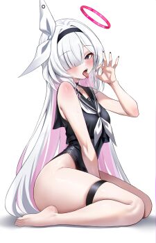 Rule 34 | 1girl, absurdres, alternate costume, barefoot, black choker, black eyes, black hairband, black one-piece swimsuit, black sailor collar, black serafuku, blue archive, braid, choker, colored inner hair, commentary request, fellatio gesture, hair over one eye, hairband, halo, highres, looking at viewer, multicolored hair, neckerchief, ok sign, one-piece swimsuit, open mouth, plana (blue archive), red halo, red pupils, reneua, ribbon, sailor collar, school uniform, serafuku, sexually suggestive, single braid, sitting, solo, swimsuit, swimsuit under clothes, thigh strap, tongue, tongue out, wariza, white background, white neckerchief, white ribbon