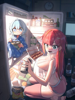 2girls :t @_@ absurdres akane_lize arahashi_tabi ass bag_of_chips blonde_hair blue_eyes blue_hair blue_pajamas blush bottle box breasts bright_pupils can caught chips_(food) cleavage clock closed_mouth crop_top crop_top_overhang drink_can drink_carton drooling egg_(food) embarrassed fingernails fisheye food food_on_face food_packaging fruit grey_eyes hair_ornament hairclip highres holding holding_can holding_spoon in_container in_refrigerator indoors large_breasts lay's_(potato_chips) long_hair long_sleeves looking_at_viewer low_twintails milk_carton mouth_drool multicolored_hair multiple_girls nervous_smile nose_blush open_mouth pajamas parted_bangs polka_dot polka_dot_pajamas potato_chips red_hair refrigerator refrigerator_interior sausage see-through_clothes see-through_silhouette shin_dohan short_eyebrows shorts sideboob sidelocks sitting sleepwear smile snot socks soles spaghetti_strap spoon stellive stirrup_legwear strap_gap television thighhighs toeless_legwear toes twintails two-tone_hair virtual_youtuber wall_clock white_pupils