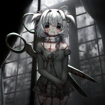 1girl absurdres antennae bandaid bandaid_on_chest blood blood_on_clothes blood_on_face chain chiko_(vtuber) cindrr collar commentary gauze gauze_on_leg grey_skirt hair_intakes hair_ornament hairclip highres indie_virtual_youtuber long_sleeves looking_at_viewer medium_hair metal_collar oversized_object parallel_hairclips scissors sharp_teeth single_bare_shoulder skirt sleeves_past_wrists solo teeth two_side_up virtual_youtuber white_hair window