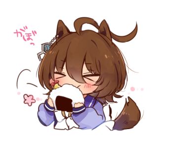 Rule 34 | > <, 1girl, agnes tachyon (umamusume), ahoge, animal ears, blush, brown hair, brown tail, chiyakobu, commentary, eating, food, horse ears, horse girl, horse tail, medium hair, onigiri, portrait, school uniform, solo, tail, umamusume, untranslatable commentary, white background