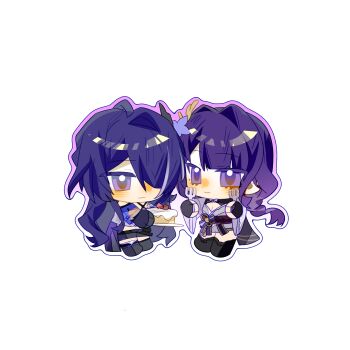 2girls absurdres acheron_(honkai:_star_rail) black_boots black_gloves black_shorts black_thighhighs blunt_bangs blush boots braid breasts bridal_gauntlets cake cake_slice chibi chibi_only chinese_commentary cleavage closed_mouth commentary_request commission couple crop_top expressionless feng_xie_zhi_qiu food fork genshin_impact gloves hair_ornament hair_over_one_eye happy highres holding holding_fork holding_plate honkai:_star_rail honkai_(series) in-franchise_crossover japanese_clothes kimono light_smile long_braid long_hair looking_at_food looking_down looking_to_the_side mihoyo mole mole_under_eye multicolored_hair multiple_girls plate purple_eyes purple_hair purple_kimono raiden_shogun red_sash sash shade short_shorts shorts simple_background single_braid streaked_hair thighhighs white_background yuri