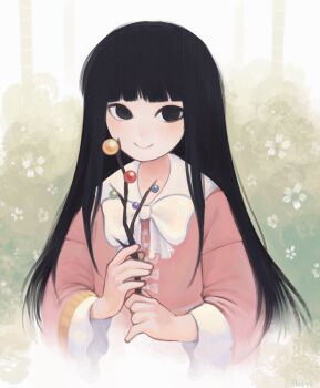 1girl aolyxe black_eyes black_hair bow bowtie branch closed_mouth commentary english_commentary highres houraisan_kaguya jeweled_branch_of_hourai long_hair long_sleeves looking_at_viewer pink_shirt shirt smile solo touhou very_long_hair white_bow white_bowtie wide_sleeves