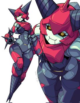 1girl artist_name black_sclera closed_mouth colored_sclera commentary cone_hair_bun double_bun drill drill_hand eyelashes fewer_digits full_body hair_bun highres humanoid_robot jackoonz joints leaning_forward looking_at_viewer multiple_views no_feet original pale_skin robot robot_girl robot_joints signature simple_background smile standing symbol-only_commentary white_background wide_hips yellow_eyes