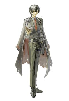 1boy :| bag bags_under_eyes belt black_coat black_hair black_vest book closed_mouth coat coat_on_shoulders collared_shirt commentary contrapposto english_commentary exhausted facing_viewer full_body highres holding holding_book inlovingmemory lcb_uniform_(project_moon) limbus_company looking_at_viewer male_focus necktie open_book project_moon red_necktie shirt shirt_tucked_in short_hair shoulder_bag solo standing torn_clothes torn_coat vest white_shirt yi_sang_(project_moon)