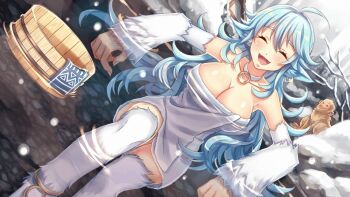 10s 1girl breasts game_cg long_hair miti_(monster_musume) monkey monster_girl monster_musume_no_iru_nichijou monster_musume_no_iru_nichijou_online sitting smile snow towel water