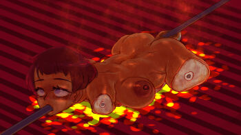 1girl all_the_way_through amputee breasts cannibalism cooking corpse cyp_tw death disembowelment dismemberment empty_eyes female_focus grill grilling guro impaled large_breasts literal_spitroast lying on_stomach quadruple_amputee roasting short_hair solo tagme