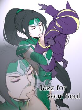 1boy 1girl age_difference akali bad_id bad_pixiv_id black_hair bodysuit breasts closed_eyes eyelashes eyeliner fellatio forehead_protector hetero highres hug_and_suck kennen league_of_legends lifting_person long_hair makeup meme onee-shota oral penis ponytail projected_inset scofa shota sideboob simple_background small_penis uncensored very_long_hair zoom_layer