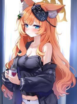 Rule 34 | 1girl, absurdres, alternate costume, animal ear fluff, animal ears, bare shoulders, black camisole, black jacket, blue archive, blue eyes, blush, bow, bow panties, breasts, camisole, cat ears, cat girl, cleavage, closed mouth, coffee mug, commentary, cup, halo, highres, holding, holding cup, jacket, long hair, looking at viewer, mari (blue archive), mask, mask on head, medium breasts, mug, no pants, orange hair, panties, sak (lemondisk), single bare shoulder, single ear down, single off shoulder, sleep mask, solo, symbol-only commentary, underwear, white panties, yellow halo