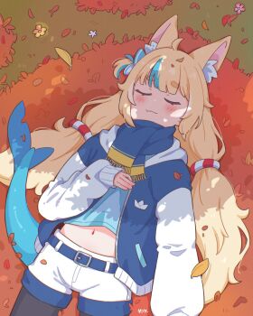 1girl alternate_costume animal_ear_fluff animal_ears autumn_leaves black_pantyhose blonde_hair blue_hair blue_scarf blunt_bangs blush commentary fang fins fish_girl fish_tail highres indie_virtual_youtuber leaf lifebuoy_hair_ornament long_hair low_twintails lying midriff mikeemyk1 multicolored_hair navel on_back pantyhose pantyhose_under_shorts paper_boat sameko_saba scarf shorts skin_fang solo streaked_hair symbol-only_commentary tail twintails very_long_hair virtual_youtuber white_shorts