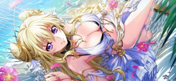 1girl armlet beach bikini black_bikini black_choker blonde_hair bracelet breasts chain choker cleavage code_geass code_geass:_boukoku_no_akito code_geass:_lost_stories cone_hair_bun double_bun f4samurai flower hair_between_eyes hair_bun hair_ornament highres jewelry large_breasts leila_malcal long_hair looking_at_viewer nail_polish necklace ocean official_art outdoors plant purple_eyes red_nails smile solo swimsuit very_long_hair water