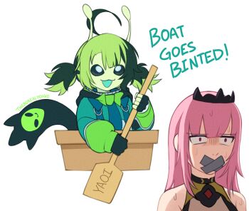 2girls :3 :d adversarial_noise ahoge alien alternate_color alternate_hair_color alternate_skin_color alternate_species antennae artist_name black_gloves black_tiara boat boat_goes_binted commentary duct_tape english_commentary fingerless_gloves gag gigi_murin gloves green_hair green_shrug green_skirt holding holding_oar hololive hololive_english hood hood_down hooded_shrug huge_ahoge improvised_gag long_sleeves minecraft mori_calliope mori_calliope_(1st_costume) multicolored_hair multiple_girls oar open_mouth pink_hair rowboat shrug_(clothing) simple_background skirt smile sweat tape tape_gag tiara twintails two-tone_hair upper_body virtual_youtuber watercraft white_background wide-eyed yaoi_paddle yoako