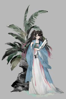 1girl absurdres brown_hair chinese_clothes closed_mouth collarbone colored_tips commentary earrings english_commentary full_body glasses grey_background hair_ribbon hand_up highres holding holding_scroll jewelry long_hair long_sleeves looking_at_viewer multicolored_hair official_art ribbon round_eyewear scroll secretfj520 simple_background solo standing white_ribbon wide_sleeves wuthering_waves zhezhi_(wuthering_waves)