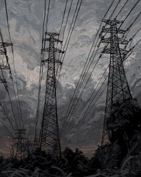 cloud cloudy_sky commentary english_commentary forest from_below highres nature no_humans original outdoors painterly power_lines revol4357 scenery sky sunset transmission_tower tree