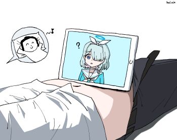 1boy 1girl ? absurdres arona_(blue_archive) artist_name belt blue_archive blue_eyes blue_hair blue_halo bow_hairband braid choker clothes_pull colored_inner_hair commentary doodle_sensei_(blue_archive) hair_over_one_eye hairband halo highres implied_erection kai_xin looking_at_another loose_belt lying multicolored_hair navel on_back on_bed pants pants_pull pink_hair sailor_collar school_uniform sensei_(blue_archive) shirt short_hair single_braid symbol-only_commentary tablet_pc white_choker white_hairband white_shirt