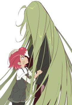 2girls :o age_difference ahoge arm_at_side bandaid bandaid_on_cheek bandaid_on_face black_jacket black_pantyhose breasts brown_skirt child colored_tips cookie_run cookie_run:_witch's_castle cowboy_shot from_side green_hair hair_behind_ear hand_on_another's_head highres humanization jacket large_breasts layered_sleeves long_hair long_sleeves looking_at_another looking_up multicolored_hair multiple_girls ohta_guk_hip overall_shorts overalls pantyhose parted_lips profile pulling_another's_clothes radish_cookie red_eyes red_hair rosemary_cookie shirt short_hair short_over_long_sleeves short_sleeves siblings simple_background sisters skirt standing tomboy two-tone_hair very_long_hair white_background white_hair white_shirt