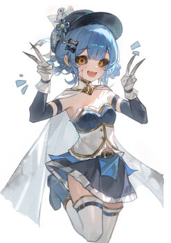 +_+ 1girl :d absurdres belt black_hat black_sclera blue_boots blue_hair blue_skirt boots braid braided_hair_rings breasts cape colored_sclera corruption cosplay cracked_skin dark_persona detached_sleeves double_v fuyou_flo gloves gold_trim hair_rings hands_up hat highres looking_at_viewer magical_girl mahou_shoujo_madoka_magica mahou_shoujo_madoka_magica_(anime) mahou_shoujo_no_majo_saiban miki_sayaka miki_sayaka_(cosplay) miki_sayaka_(magical_girl) miniskirt mismatched_pupils open_mouth shirt short_hair simple_background skirt small_breasts smile solo spoilers standing strapless strapless_shirt tachibana_sherry thighhighs v white_cape white_gloves white_thighhighs yellow_eyes