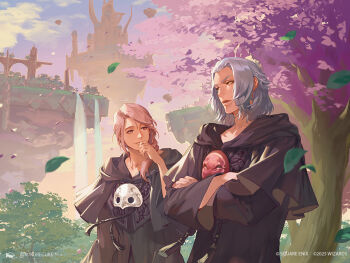 Rule 34 | 2boys, black capelet, black robe, braid, breasts, capelet, crossed arms, emet-selch, final fantasy, final fantasy xiv, grey hair, hand to own mouth, hythlodaeus, long hair, looking at another, magic: the gathering, male focus, mask, mask around neck, medium breasts, multiple boys, official art, outdoors, parted bangs, parted lips, pink hair, robe, single braid, sophist's robe (ff14), square enix, swept bangs, tassel, tree, water, waterfall