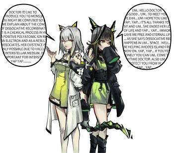 2girls absurdres animal_ear_fluff animal_ears arknights bare_shoulders black_hair black_jacket breasts cat_ears cat_girl commentary crystal_tail dress english_commentary english_text feet_out_of_frame green_dress green_hair green_streaks grey_hair highres jacket kal'tsit_(arknights) long_hair material_growth mon3tr_(arknights) multiple_girls off_shoulder open_mouth oripathy_lesion_(arknights) short_hair simple_background sleeves_past_fingers sleeves_past_wrists speech_bubble standing star_of_life tail tanoy white_background