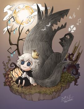 Rule 34 | 1boy, black cape, black pants, blind prince, bush, cape, crown, flower, grass, lantern, liar princess (wolf form), moon, musical note, pants, shirt, usotsuki hime to moumoku ouji, watakei (16161717), white hair, white shirt, wolf