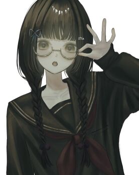 1girl adjusting_eyewear amemori_sayo amemori_sayo_(1st_costume) black_hair black_sailor_collar black_shirt blue_ribbon braid braided_twintails collarbone glasses grey_eyes hair_bobbles hair_ornament hair_ribbon hand_up highres long_hair looking_at_viewer multicolored_hair_bobbles neckerchief nijisanji niya_(2ya28) official_alternate_hairstyle open_mouth red_neckerchief ribbon round_eyewear sailor_collar sailor_shirt school_uniform semi-rimless_eyewear shirt signature simple_background solo twin_braids under-rim_eyewear upper_body virtual_youtuber watermark white_background