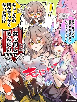 ! 1boy 2girls absurdres bilingual_text black_gloves blue_hair blush breasts commentary_request covering_own_eyes cyrene_(honkai:_star_rail) cyrene_(ripples_of_past_reverie)_(honkai:_star_rail) dress english_text flower gloves grabbing_another&#039;s_breast grabbing_from_behind grey_hair groping hair_flower hair_ornament highres honkai:_star_rail honkai_(series) large_breasts long_hair medium_hair mixed-language_text multicolored_hair multiple_girls phainon_(honkai:_star_rail) pink_hair pointy_ears shirt speech_bubble stelle_(honkai:_star_rail) sw_chestnut trailblazer_(honkai:_star_rail) twitter_username two-tone_hair very_long_hair white_dress white_hair white_shirt yellow_eyes yuri
