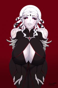 1girl absurdres artist_name bare_shoulders black_dress black_nails black_sclera breasts cleavage cleavage_cutout clothing_cutout collarbone colored_sclera curvy dress forehead_jewel highres huge_breasts leaning_forward lips looking_at_viewer mature_female pale_skin red_background red_eyes rosewald1929 rwby salem_(rwby) seductive_smile simple_background smile solo thick_thighs thighs white_hair wide_hips