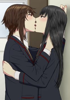 2girls absurdres black_hair black_jacket blazer blue_eyes brown_eyes brown_hair collared_shirt commentary_request eye_contact hand_in_another's_hair hand_on_another's_back highres indoors jacket kiss long_hair looking_at_another multiple_girls original parted_lips profile ryuusa school_uniform shirt short_hair white_shirt yuri