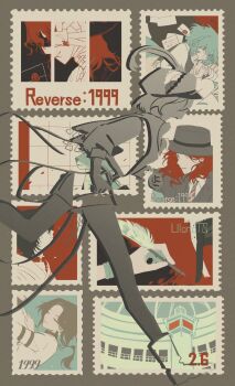 3girls 4boys absurdres aleph_(reverse:1999) copyright_name crying crying_with_eyes_open envelope fedora grey_background hat hat_feather highres holding holding_quill hunting_(reverse:1999) jacket jaguar jailer_(reverse:1999) letter limited_palette merlin_(reverse:1999) multiple_boys multiple_girls necktie newsboy_cap octavia_(reverse:1999) oji-sama_(ochi4t) panopticon postage_stamp quill recoleta_(reverse:1999) reverse:1999 running silhouette tears the_idealist_(reverse:1999) watchtower