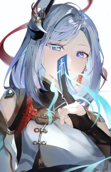 1girl blue_hair breasts chinese_clothes detached_sleeves eyelashes genshin_impact hair_ornament hairpin highres jewelry large_breasts looking_at_viewer medium_hair multicolored_eyes shenhe_(genshin_impact) solo white_background yukiusagi_(snowrabbit0508)