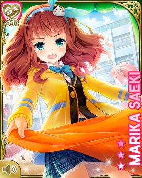 3girls blanket blue_bow blue_jacket bow button character_name closed_eyes cloud coat curly_hair day english_text first_aid_kit girlfriend_(kari) green_eyes hair_bow holding hospital jacket japanese_text looking_at_viewer medium_hair multiple_girls official_art open_mouth orange_blanket outdoors pink_hair plaid_clothes plaid_skirt qp:flapper red_bow red_hair red_skirt ribbon saeki_marika school_uniform shirt skirt smile standing stuffed_toy tagme tent toolbox white_shirt yellow_coat