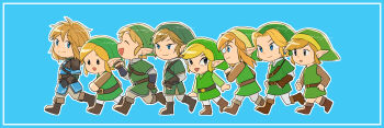 6+boys :o belt black_eyes blonde_hair blue_background blue_eyes blue_tunic boots brown_belt brown_boots brown_gloves brown_pants brown_sleeves champion&#039;s_tunic_(zelda) closed_mouth commentary copyright_request earrings fold-over_boots gloves green_hat green_tunic hat highres jewelry layered_sleeves link long_sleeves male_focus maya_(mayamayammy) multiple_boys multiple_persona nintendo open_mouth outline pants parted_lips pointy_ears running short_over_long_sleeves short_sleeves sidelocks signature smile the_legend_of_zelda the_legend_of_zelda:_link&#039;s_awakening the_legend_of_zelda:_ocarina_of_time the_legend_of_zelda:_skyward_sword the_legend_of_zelda:_tears_of_the_kingdom the_legend_of_zelda:_the_wind_waker the_legend_of_zelda:_twilight_princess toon_link triforce tunic walking white_outline white_pants