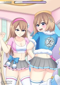 2girls absurdres aged_up alternate_ass_size alternate_body_size alternate_breast_size_(larger) ass blue_boots blue_bow boots bow breasts captainarmada cleavage cropped_jacket cropped_shirt fur-trimmed_jacket fur_trim gameplay_mechanics hair_ornament hairband highres jacket jewelry long_hair midriff miniskirt multiple_girls neptune_(series) open_mouth panties pink_bow pink_hairband ram_(neptunia) rom_(neptunia) short_hair siblings sisters skirt smile thighhighs twins underwear white_panties white_thighhighs