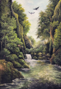 acrylic_paint_(medium) animal bird commentary_request day forest landscape nature no_humans original outdoors painting_(medium) river scenery sky traditional_media tree user_gknk5478 water waterfall