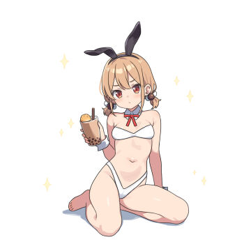 1girl animal_ears bare_arms bare_legs bare_shoulders barefoot black_hairband breasts brown_hair bubble_tea closed_mouth collar cup detached_collar disposable_cup drinking_straw fake_animal_ears full_body hair_bobbles hair_ornament hairband hatsunatsu holding holding_cup looking_at_viewer low_twintails navel rabbit_ears red_eyes shadow short_twintails simple_background small_breasts solo sparkle twintails v-shaped_eyebrows white_background white_collar wrist_cuffs xiaoyuan_(you_can_eat_the_girl) you_can_eat_the_girl