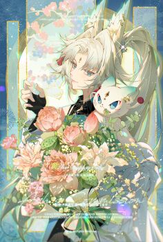 1girl animal animal_ears animal_on_shoulder animalization black_gloves black_shirt blue_eyes bouquet closed_mouth commentary commission cowboy_shot feixiao_(honkai:_star_rail) fingerless_gloves flower forehead_jewel fox_ears fox_girl gloves hair_intakes high_ponytail highres holding holding_bouquet honkai:_star_rail honkai_(series) indai_(3330425) jacket jacket_partially_removed long_hair looking_at_viewer person_and_animalization pink_flower ponytail shirt smile sparkle watermark white_hair white_jacket wing_collar