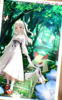 2girls angelica_n19 arm_at_side arm_up black_ribbon blue_flower blurry blurry_background blurry_foreground blush bokeh border breasts child chromatic_aberration closed_mouth collarbone colored_skin dappled_sunlight day depth_of_field dress dutch_angle expressionless female_focus flat_chest flower forest full_body gen_3_pokemon green_background green_hair green_skin hair_bobbles hair_ornament hair_over_one_eye happy heel_up height_difference holding_hands japanese_text kirlia long_dress long_hair long_sleeves looking_afar looking_at_viewer mary_janes medium_hair multicolored_skin multiple_girls nature nintendo one_eye_covered one_side_up original outdoors photo_(object) pokemon pokemon_(creature) red_eyes red_shoes ribbon shoes sidelocks small_breasts smile socks split_mouth stairs standing sunlight translation_request tree two-tone_skin walking white_border white_dress white_hair white_skin white_socks