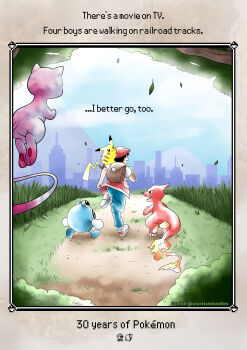 Rule 34 | 1boy, absurdres, anniversary, backpack, bag, blue pants, charmeleon, commentary, creature, creature on shoulder, denim, english commentary, english text, fat pikachu, from behind, gen 1 pokemon, hat, highres, jacket, jeans, legendary pokemon, mew (pokemon), mythical pokemon, nintendo, on shoulder, outdoors, pants, pikachu, pokemon, pokemon rgby, poliwhirl, red (pokemon), red hat, red jacket, road, running, skyline, startistdoodles, sugimori ken (style)